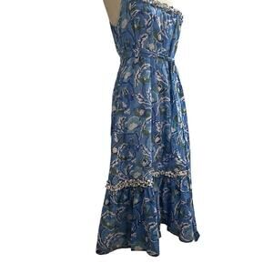 Cassandra Harper One-Shoulder Cotton Ruffle Maxi Dress Blue Floral Print, Medium